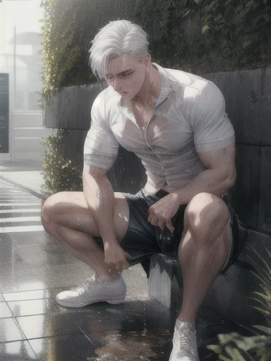 masterpiece, realistic, best quality, fullbody, peter parker, 1boy, muscular, 17 years old, cute, handsome, brown hair, brown eyes, (crying), shirtless, wear (white) tight boxers, looking down, (crouching in a huddled position),under shower, (wet:1.7) sitting on the floor, shower room background