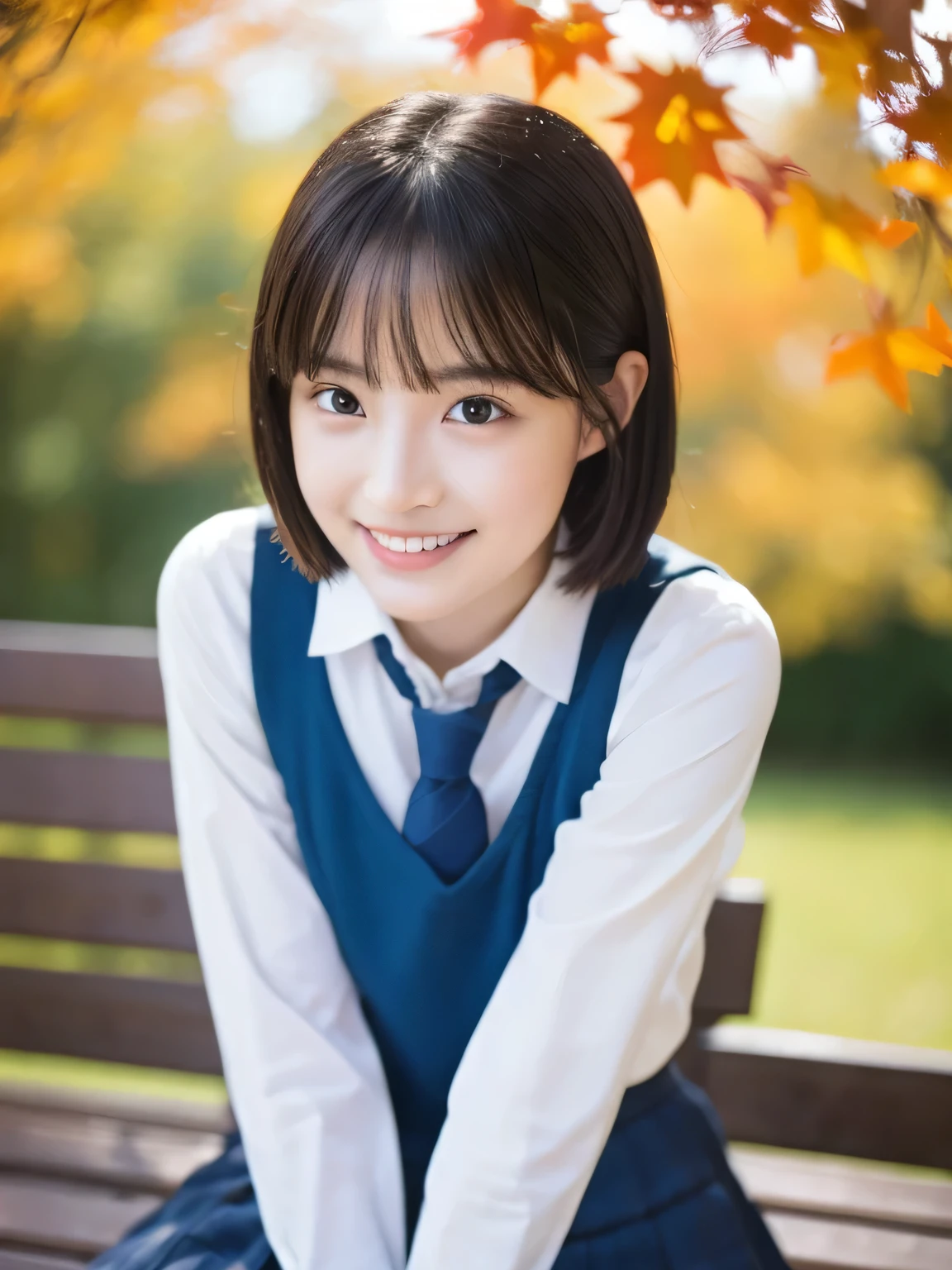 (Beautiful girl sitting on a bench :1.4), ( school uniform:1.3), (Baby Face:1.2), ( best quality:1.4), ( Highly detailed and realistic skin:1.3), ( very detailedな髪と顔),  very detailed, ( short hair:1.5), ( wet skin :1.3), (Skinny body type:1.3), ( flat chested:1.3), (smile), ( face close-up:1.4), ( slender :1.4), (Shooting from below), autumn leaves, smooth,  very detailed CG synthesis 8k wallpaper,  High Resolution RAW Color Photo,  professional photo shoot, Light, BackLight