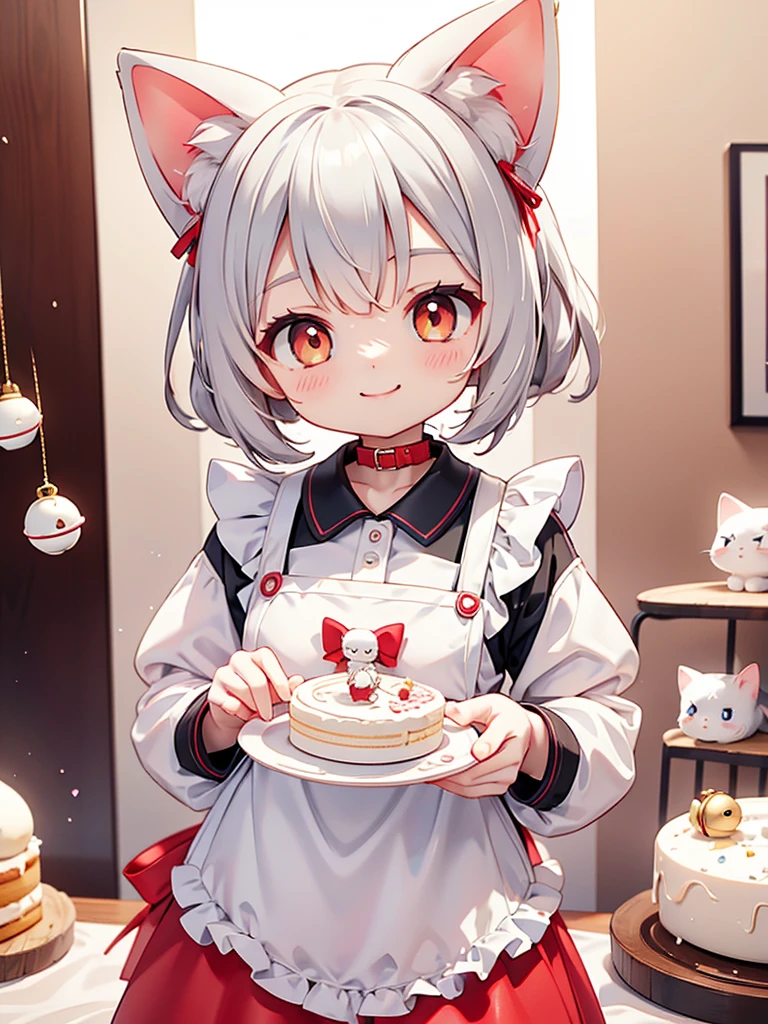 Siamese cat、kitten、 white and gray body hair 、Making a cake、Red apron 、Smile、Red collar、 has a bell attached to the collar、