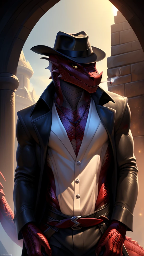 Realistic, detailed, beautiful, masterpiece, HDR, castle interior background, fantasy setting, detective, ((red dragonborn wearing trench coat, wearing a black shirt, wearing black pants, trench coat:1.2, fully clothed, trench coat closed, black trench coat, black fedora, wearing black fedora)) dragon, anthro, male, male body, red skin, (red scales:1.9), (two long thin horns:1.3), yellow eyes, detailed eyes, perfectly shaped body, confident majestic pose, claws, masculine facial features, mysterious gaze, neutral facial expression, red pointed ears, standing tall, out doors, daytime, full body, full body portrait, face focus, ((wearing fedora, full body:1.2)
(detailed Bonifasko lighting), (detailed scales), (detailed skin), (male dragonborn), BREAK, ((short flowing tail)), ((facing viewer)), (cinematic lighting), ((detailed background)), ((portrait view)), (((close-up))), (good lighting), [backlighting], [crepuscular ray], [detailed ambient light], [gray natural lighting], [ambient light on the belly], (higher wildlife feral detail), [explict content], [sharp focus], (questionable content), (shaded), ((masterpiece)), furry dragonborn, reptilian face, furry Fantasy Art, furry Art, Commission for High Res, anthro Art, POV furry Art,Sakimichan beautiful, masterpiece, best quality, detailed image, bright colors, wearing a black shirt, detailed face, perfect lighting, perfect shadows, perfect eyes, yellow eyes, flawless face, face focus, (masterpiece:1.21), (best quality:1.2), (illustration:1.2), (cinematic lighting:1.3), detailed scales, balanced coloring, global illumination, ray tracing, good lighting, scales, anthro, well lit, red scales (smoking a cigarette, mysterious) ((wearing black undershirt))