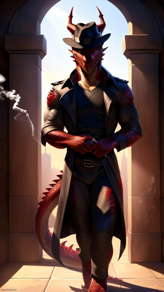 Realistic, detailed, beautiful, masterpiece, HDR, castle interior background, fantasy setting, detective, ((red dragonborn wearing trench coat, wearing a black shirt, wearing black pants, trench coat:1.2, fully clothed, trench coat closed, black trench coat, black fedora, wearing black fedora)) dragon, anthro, male, male body, red skin, (red scales:1.9), (two long thin horns:1.3), yellow eyes, detailed eyes, perfectly shaped body, confident majestic pose, claws, masculine facial features, mysterious gaze, neutral facial expression, red pointed ears, standing tall, out doors, daytime, full body, full body portrait, face focus, ((wearing fedora, full body:1.2)
(detailed Bonifasko lighting), (detailed scales), (detailed skin), (male dragonborn), BREAK, ((short flowing tail)), ((facing viewer)), (cinematic lighting), ((detailed background)), (good lighting), [backlighting], [crepuscular ray], [detailed ambient light], [gray natural lighting], [ambient light on the belly], (higher wildlife feral detail), [sharp focus], (questionable content), (shaded), ((masterpiece)), furry dragonborn, reptilian face, furry Fantasy Art, furry Art, Commission for High Res, anthro Art, POV furry Art,Sakimichan beautiful, masterpiece, best quality, detailed image, bright colors, wearing a black shirt, detailed face, perfect lighting, perfect shadows, perfect eyes, yellow eyes, flawless face, (masterpiece:1.21), (best quality:1.2), (illustration:1.2), (cinematic lighting:1.3), detailed scales, balanced coloring, global illumination, ray tracing, good lighting, scales, anthro, well lit, red scales (smoking a cigarette, full body shot mysterious) ((wearing black undershirt))