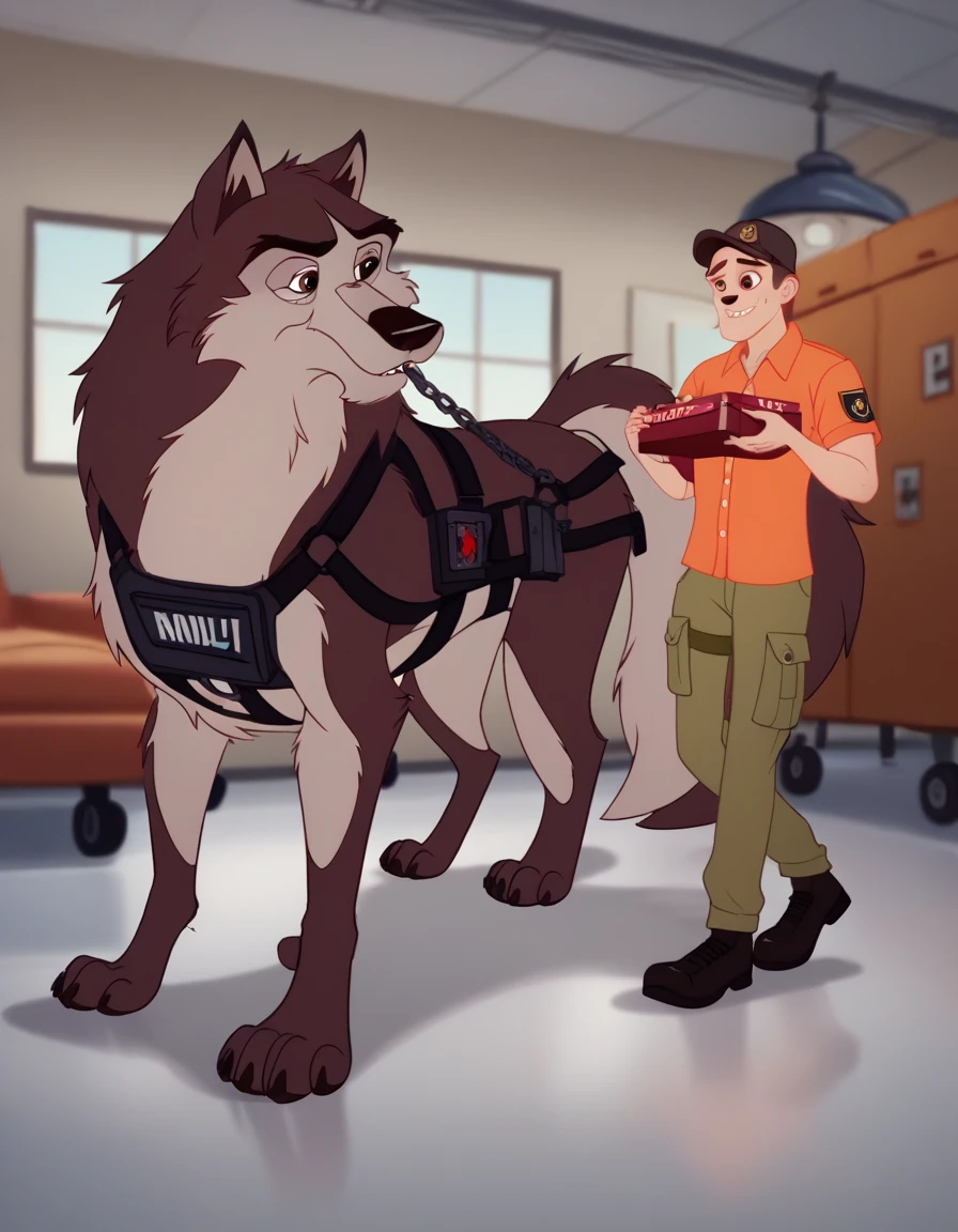 score_9, score_8_up, score_7_up, score_6_up,   adult, Anthropomorphic, wolf, black airport security shirt, harness, airport cargo room, Chain collar,long haired, wavy hair, Disney art style, human body, safety gear, tactical uniform, reflective Stripes, facial hair, sniffing in the airport cargo room, furry wolf, long slender snout, long wavy hair, extra long fluff, sniffling boxes, no humans, Accurate, Anatomically Correct, walking on all fours, hands, sniffing boxes with it's nose on the box