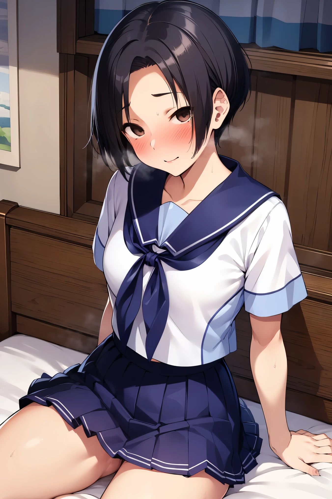 NSFW,masterpiece, best quality, high definition , very detailed,Ah-rinko 、 shorthair、 black hair、 bob cut , sailor suit 、 sailor color、 blue neckerchief、 white shirt、Short sleeve、 pleated skirt 、Blue Skirt, Love Hotel, bedroom, Dim Room,blush,Embarrassed,Heavy breathing