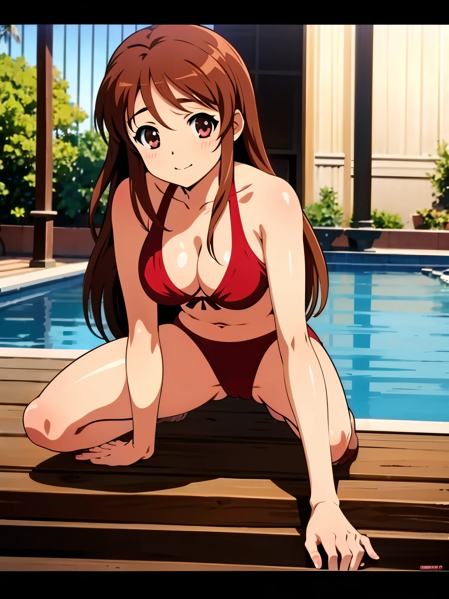 poolside, on all fours, wearing red bikini, busty1:6, break pensive, break anime style, 8k, best quality, masterpiece, ultra high res, high nose1:3,