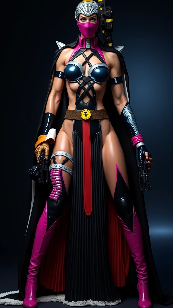 ((Masterpiece, whole body,ultra detailed,illustration,beautiful,amazing)), 1 girl, Cassia Orsellio (Sex slave tattoo on navel., ABS, exposed stomach, shackles on hands and legs, Black choker on the neck, standing straight, high heels, long white hair, purple eyes, yellow tiger striped bikini)