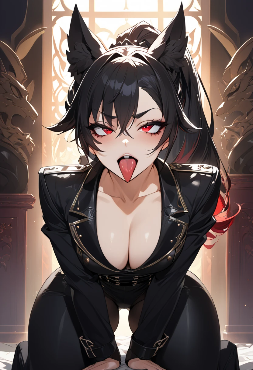 beautiful anime woman wearing a black military trench coat, tight black jeans pants, wolf ears, wolf tail, half wolf and half human, red eye color, black hair in a ponytail, light novel art, detailed anime art, anime, regal, royal, sexy, thicc, beautiful feminine facial features, flirtatious, sultry, slutty, petite, sharp canines, aheago, villain, all black clothing, high quality, very detailed anime art, feminine, slender face, military general vibes, pretty girl, good lighting, red highlights, lewd smile, cute, naughty wolf girl, cross eyed sticking her tongue out like a slut, naughty and silly lewd expression, very horny wolf girl, bad bitch, naughty slut, bad girl, bad bunny, hentai aheago, on her knees, kneeling blowjob, on knees position looking up lewdly, blowjob gesture, very detailed lewd expression, eyes crossed, crossed eyes, silly slut, drunk, dumb lewd expression 