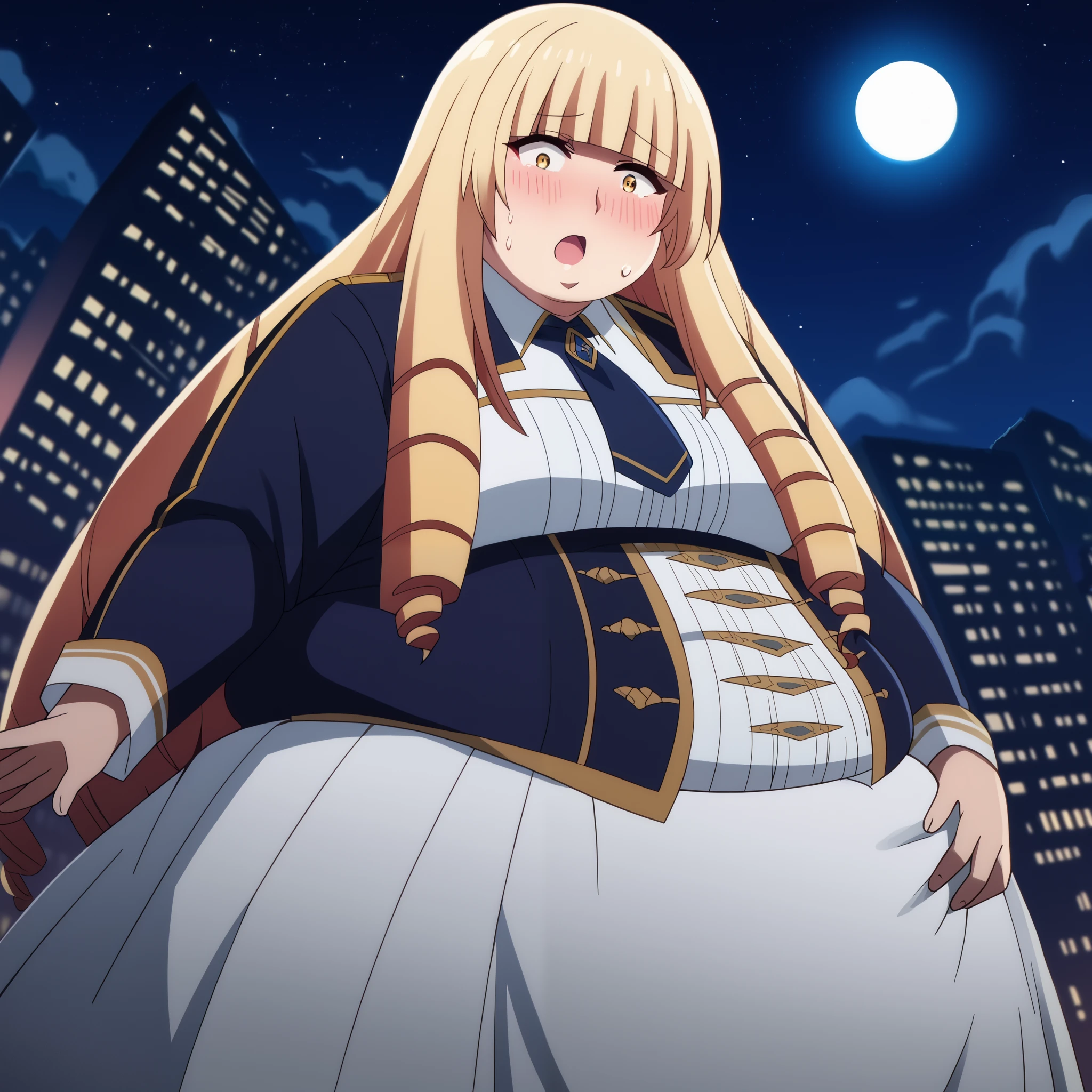 score_9, score_8_up, score_7_up, source_anime, orianarose, oriana rose, long hair, blonde hair, yellow eyes, drill hair, bangs, blunt bangs, mature female, skirt, jacket, necktie, white skirt, corset, outdoors, cityscape, night, moon, looking at viewer, dutch angle, bulging belly, fat, chubby, obese, open mouth, out of breath, absurdres, highres icon, rating:General, confused, blush, s{flustered}, nervous sweating, portrait, pov hands, hand on another's belly, averting eyes, [looking away], straight-on, from below, swollen face, masterpiece, best quality, ultra-detailed, high resolution, 8K, absurdres, highres icon,