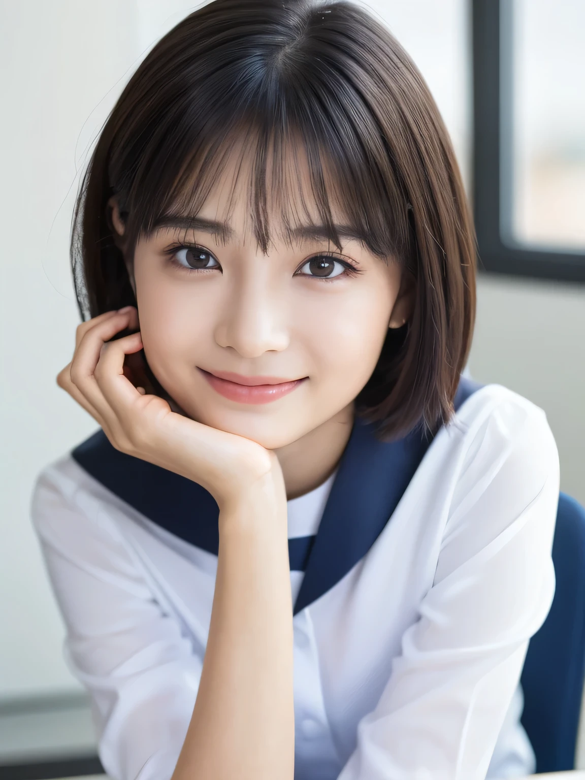 (beautiful girl sitting at desk:1.4), ( school uniform:1.3), (:1.2), ( best quality:1.4), ( Highly detailed and realistic skin:1.3), ( very detailedな髪と顔),  very detailed, ( short hair :1.5), ( wet skin :1.3), (Skinny body type:1.3), ( flat chested:1.3), (smile), ( face close-up:1.4), ( slender :1.4),  School Classroom, smooth,  very detailed CG synthesis 8k wallpaper,  High Resolution RAW Color Photo,  professional photo shoot, Light, BackLight