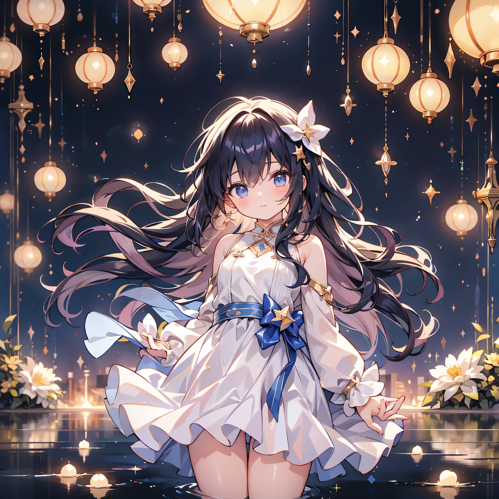  1 girl ,  pretty 、baby Dynamic best configuration  、  best quality、  greatest masterpiece、   perfect anatomy over a white blouse  、  super detailed、 It's high definition )))、  neon light、 Brilliant neon color palette、Box Pleated Mini Skirt  、Looking at the audience、 stained glass background 、star、流star群、universe、Milky Way、starのチャーム、