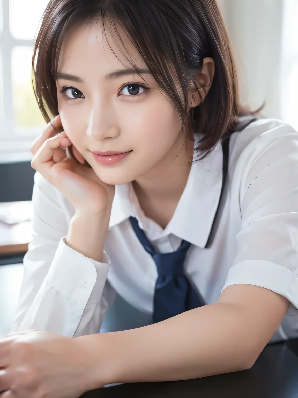 (beautiful girl sitting at desk:1.4), ( school uniform:1.3), (:1.2), ( best quality:1.4), ( Highly detailed and realistic skin:1.3), ( very detailedな髪と顔),  very detailed,  short hair, ( wet skin :1.3), (Skinny body type:1.3), ( flat chested:1.3), (smile), ( face close-up:1.4), ( slender :1.4),  School Classroom, smooth,  very detailed CG synthesis 8k wallpaper,  High Resolution RAW Color Photo,  professional photo shoot, Light, BackLight