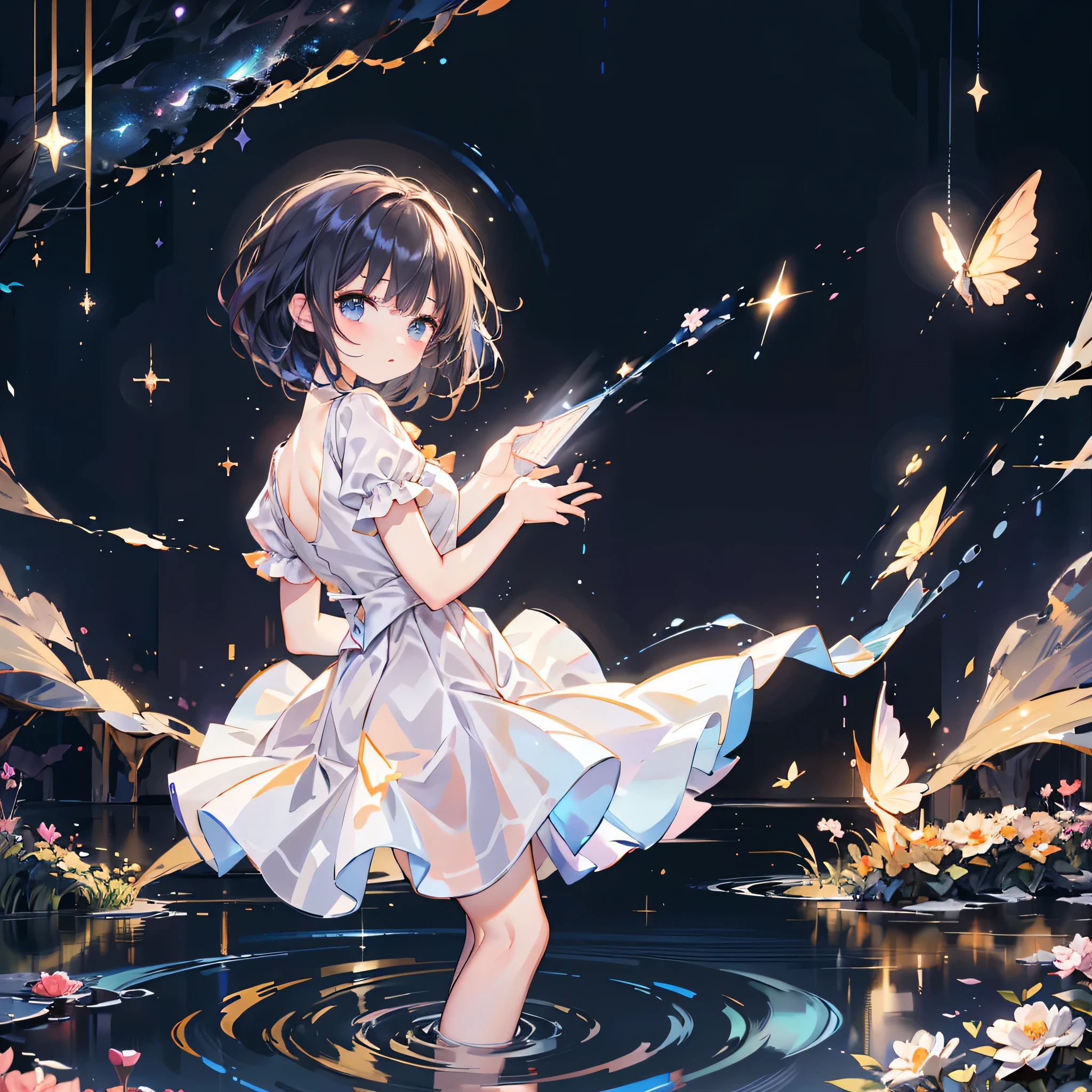 1 girl , pretty 、baby Dynamic best configuration 、 best quality、 greatest masterpiece、 perfect anatomy over a white blouse 、 super detailed、 It's high definition )))、 neon light、 Brilliant neon color palette、Box Pleated Mini Skirt 、Looking at the audience、 stained glass background 、star、流star群、universe、Milky Way、starのチャーム、