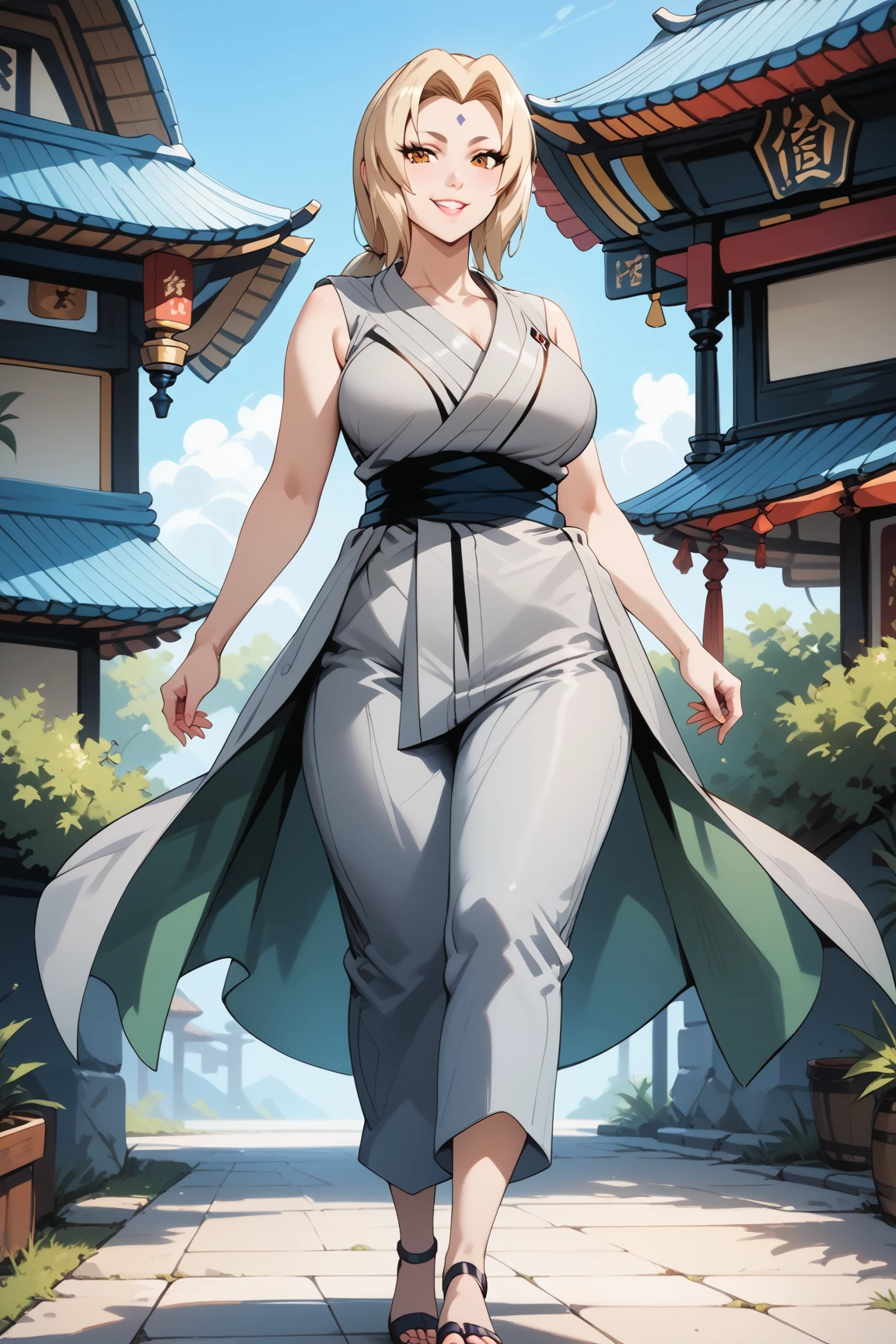 Masterpiece, extremely detailed,4k,solo,1girl,mature,fullbody,stand up,tsunade,large breasts,long sexy legs,looking at viewers,blue slimfit pants,grey kimono,sash ,sleeveless,smile,yellow twin tails hair