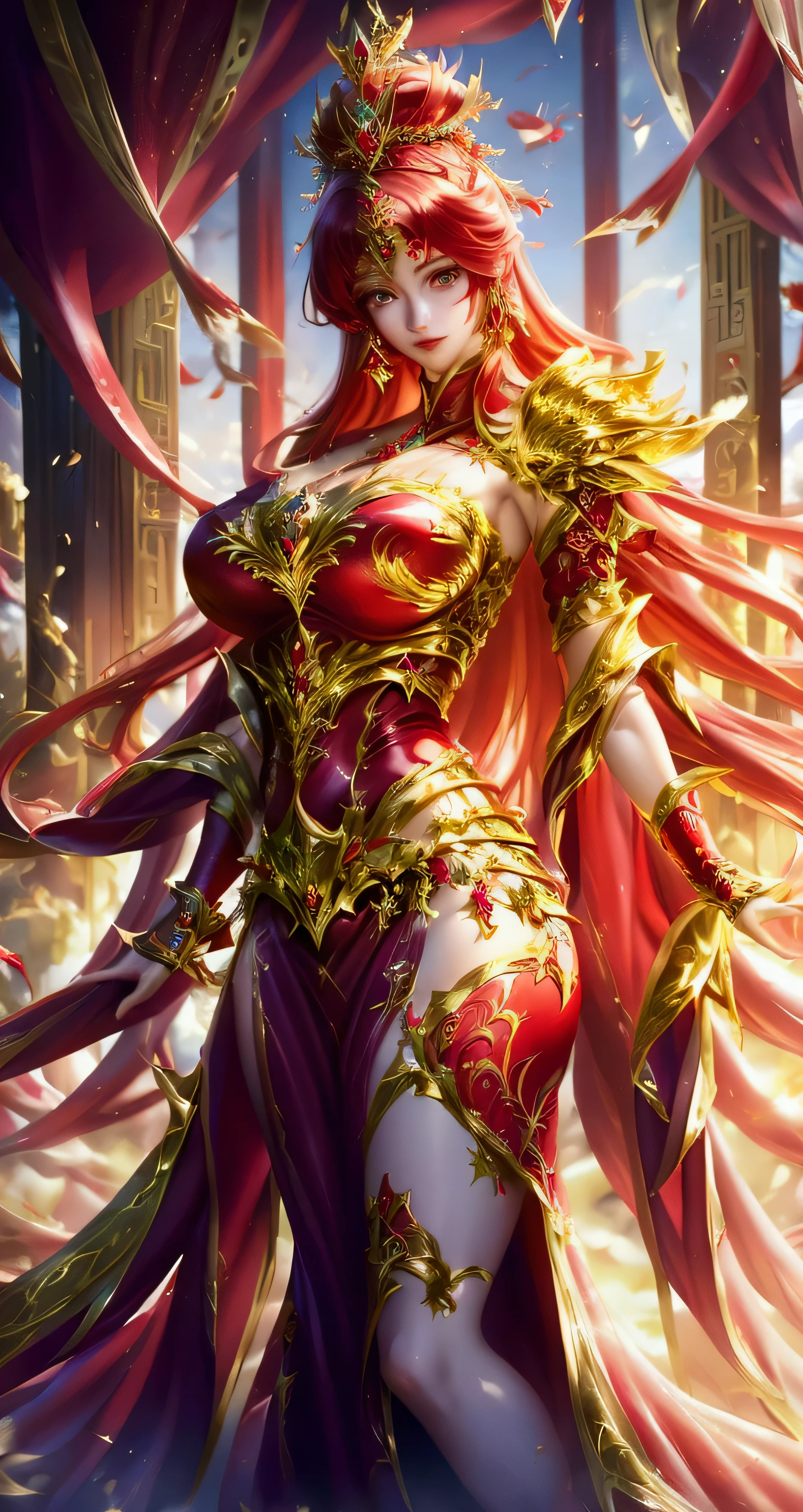 a woman clothed in a ethereal heavy red armor ornate with golden pattern and design, posing for a picture, women with Red hair ornate with golden crown filled with Ruby , 2 lineage 2 revolution style, intricate red and gold armor, glossy red armor, stunning armor, epic exquisite character art, heavy red and golden armor, clothed in ethereal armor, stunning character art, detailed red armor, from lineage ((a beautiful fantasy empress)), beautiful princess knight, a beautiful fantasy empress, portrait knights of zodiac girl, anime goddess, red - haired princess, beautiful asian girl, japanese goddess, korean girl, sexy girl, asian girl, sexy dress, seductive anime girl, gorgeous chinese model, gorgeous young korean woman, beautiful south korean woman, sexy :8, trending at cgstation, Yoshitomo Nara, good young girl, detailed fantasy art, extremely detailed artgerm, beautiful maiden, epic exquisite character art.