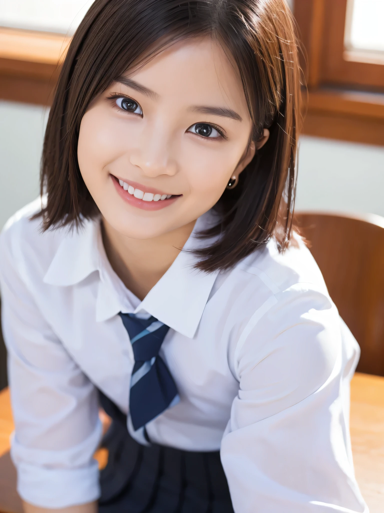 (beautiful girl sitting at desk:1.4), ( school uniform:1.3), (Baby Face:1.2), ( best quality:1.4), ( Highly detailed and realistic skin:1.3), ( very detailedな髪と顔),  very detailed,  short hair , ( wet skin :1.3), (Skinny body type:1.3), ( flat chested:1.3), (smile), ( face close-up:1.4), ( slender :1.4),  School Classroom, smooth,  very detailed CG synthesis 8k wallpaper,  High Resolution RAW Color Photo,  professional photo shoot, Light, BackLight,  white panties