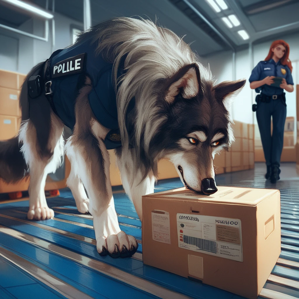 score_9, score_8_up, score_7_up, score_6_up,   adult, very long haired, furry, wolf, wearing a black police vest, sniffling boxes with it's nose, airport cargo room, walking on all fours, human body, hands 