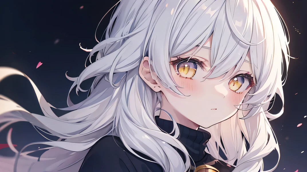 girl, cute anime girl, white hair, long hair, messy hair, wavy hair, yellow eyes, blushing, girl, beautiful hair style, turtle neck, (((Best Quality: 1.4))), dark background
