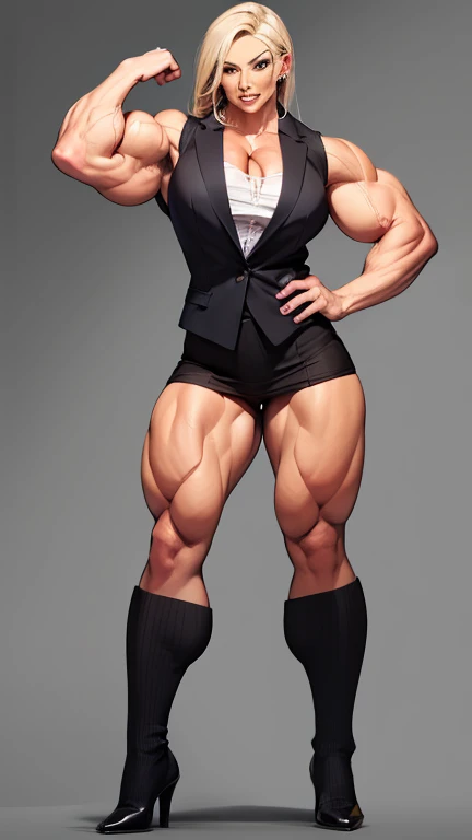 Fullbody view from head to toes, jodie marsh talks on the business meeting, she is very muscular and beautiful, massive bulging musculature, she wears elegant business suit, ((muscles bulging)) under the fabric