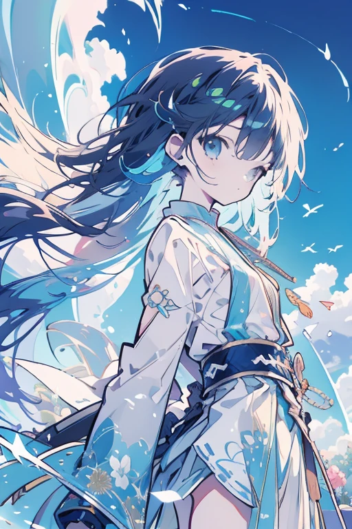 A Sword god々Shii stuck in the ground Background、Blue sky all around fantastic place