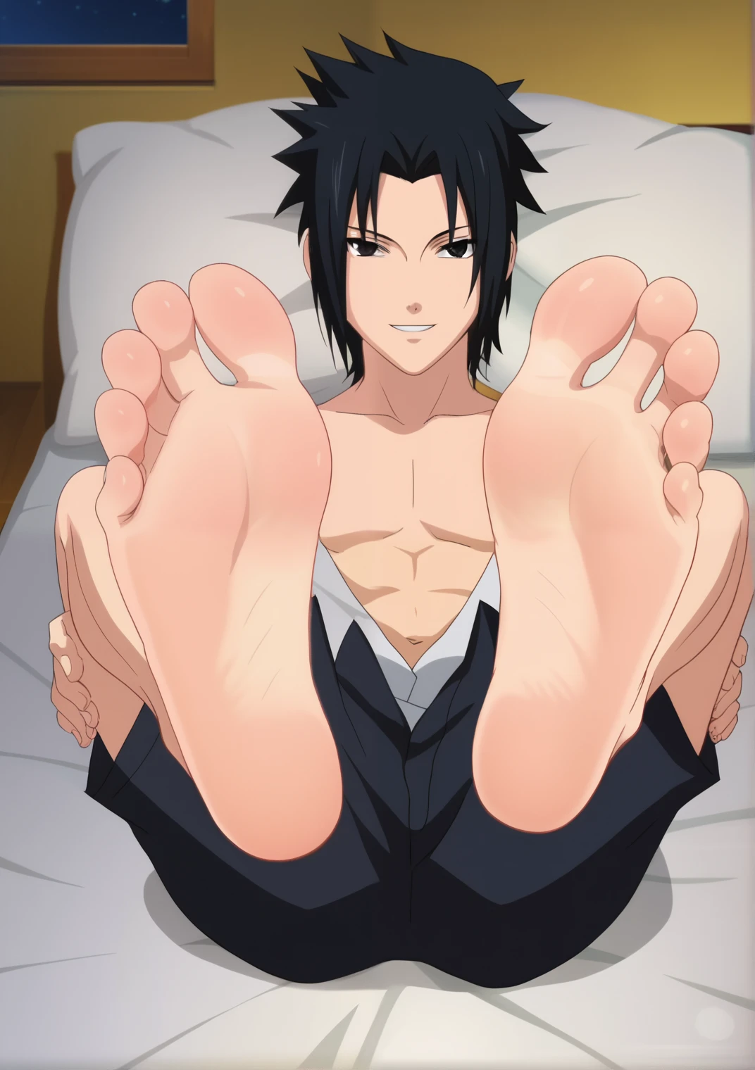 score_9, score_8_up, source_anime,
1boy, Sasuke Uchiha, black hair, longer spiky hair, dark eyes, night, in his bedroom, shirtless, black shorts, lying on the bed, lifting legs to show his soles, from above, flirty gaze, flirty smile, alone, looking at viewer, cowboy shot, ANIME SCREENCAP, anime coloring, barefoot, perfect feet, anatomically correct, soles, focal length 35mm, each foot has five toes, front, symmetrical soles, foot focus