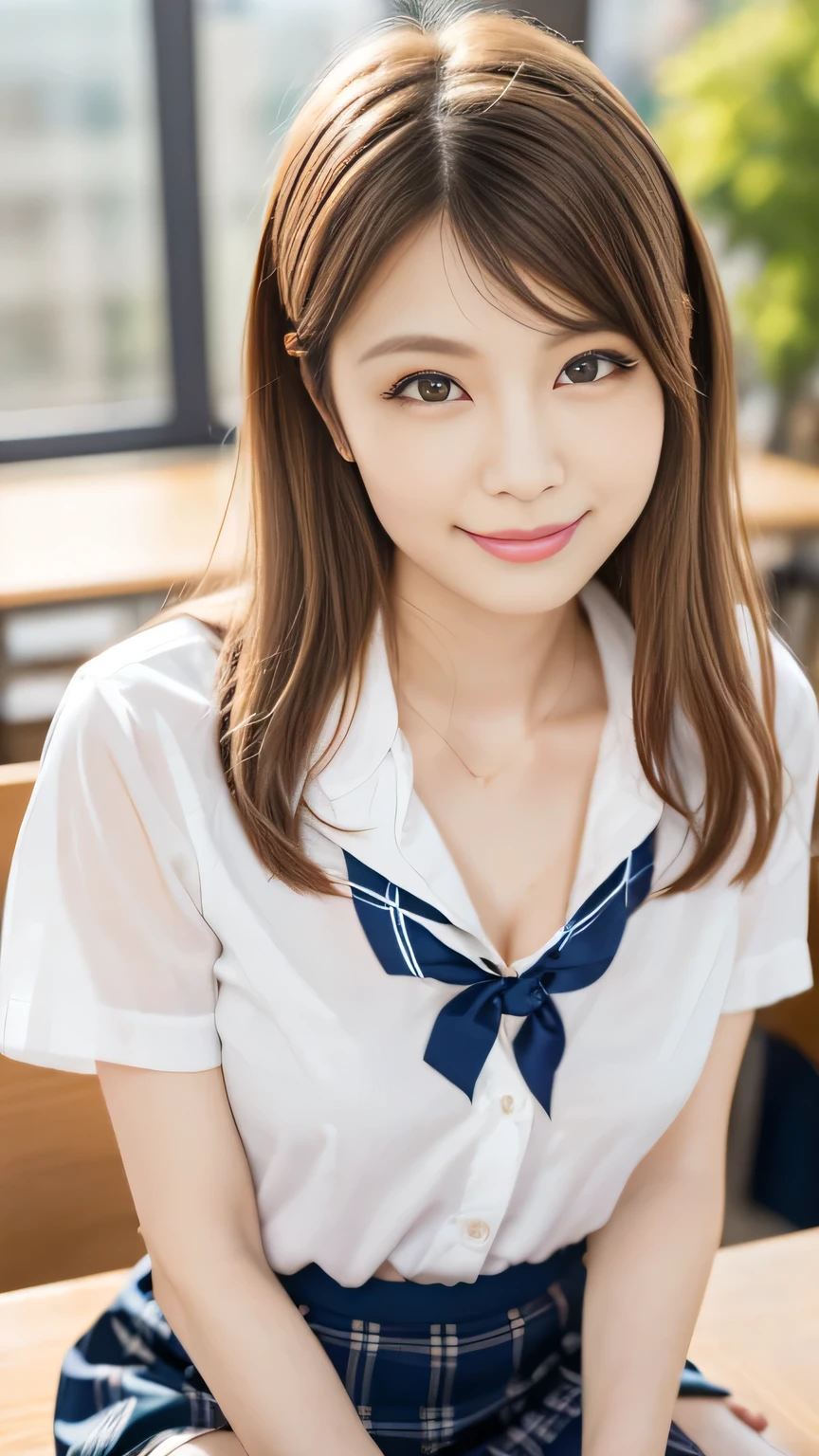 ((( table top in front of you,  super detailed, delicate))), ((( high definition , 8K wallpaper,  Perfect Dynamic Composition、No blur)))Japanese girls come to you、 best smile、White teeth、Blazer with ribbon、Ultra slim、 old student 、 pale skin、 Navy Blue Cardigan、 Mini Skirt、 knee-high boots、 Navy Blue Knee High Socks、Skirt fluttering in the wind、Sheer panties、A little bit of her white panties are visible、Impressive、 face close-up、 Front View 、 Japanese young beauty  、(Jump energetically)、Gorgeous appearance、A Sparkling red satin plain bow tie worn with a short sleeve white collared shirt、 wears a blue plaid skirt、Absolutely beautiful face、 glossy lips 、 double eyelids on both eyes、  natural makeup、 long eyelashes, Sparkling,  Smooth Light Brown Hair 、 asymmetrical bang、 sunburned skin、Alone in the classroom、、Head Frame、【Image Center、8k resolution、 high detail、 Detailed hairstyles 、 detailed face 、Stunning cinema lighting、 octane rendering 、 Stunning 、Surreal、Perfect body、  perfect anatomy over a white blouse 、 shorthair、 cleavage in the back、Sit with your knees together