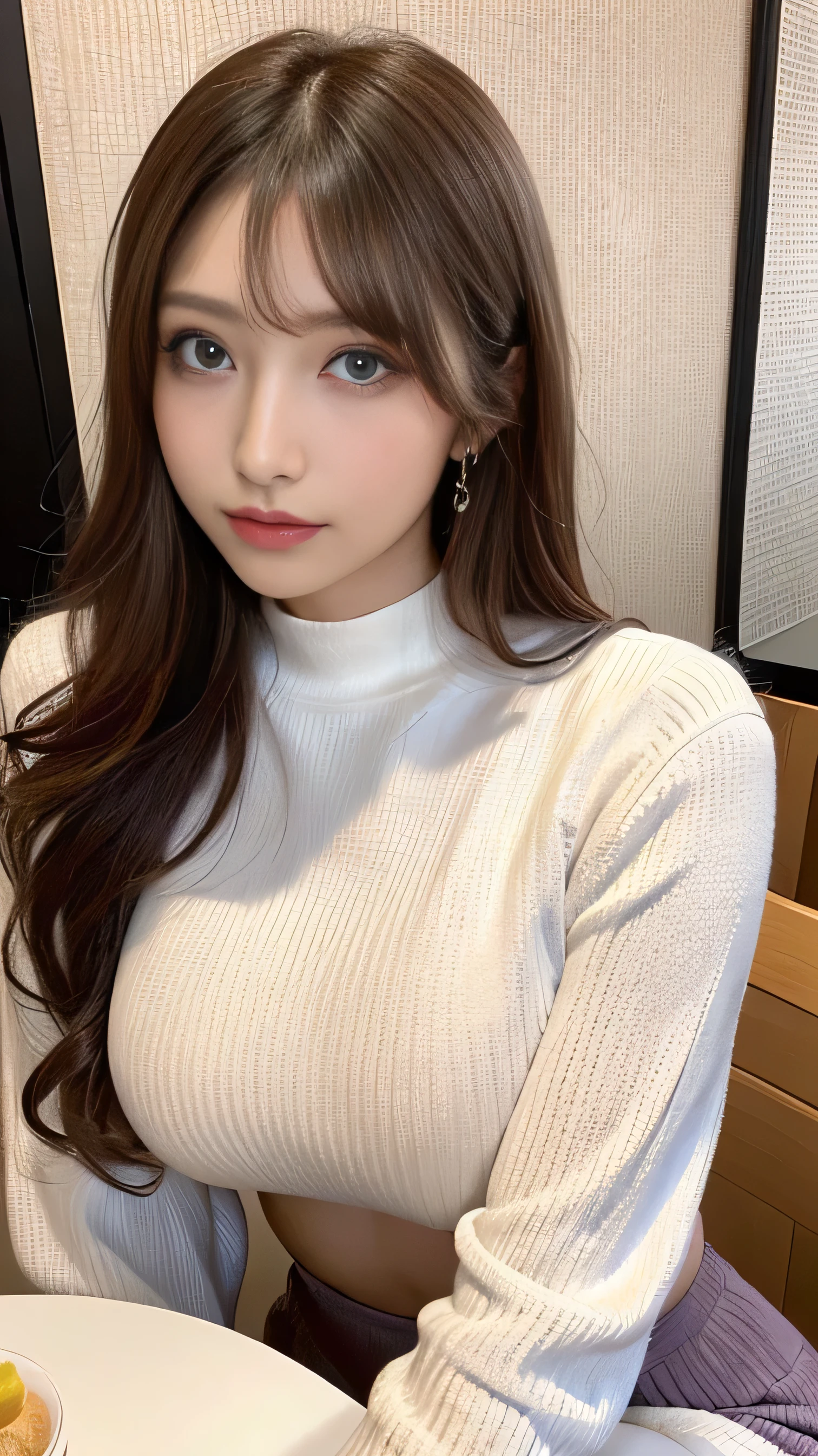 ( table top in front of you:1.3), high definition , ultra detail, Highly Detailed CG Unity 8K Wallpaper , realistic , Photographically, RAW photo, beautiful detailed face, 青 white skin, realistic glowing skin, detailed cloth texture, Hair texture details, perfect body, beautiful face, Accurate, Anatomically Correct, High Definition Face and Skin Textures, natural neck length with a cross-shaped iris, ( beautiful hands), ( white skin:1.2), Thin legs, Thin legs, break,erect nipple:1,2,hard nipple:1.2,big nipple:1.2, Layered Bob Hairstyle, ( blonde alone、Pink inside), forest setting , Glowing purple eyes, Masterpiece , best quality ,( realistic : 1.4),超 high definition , Unity 8K, (delicate beautiful eyes:1.6),Symmetric, highly detailed face, Complete, ( Perfect Hand, perfect anatomy over a white blouse ), (hotel room background:1.3), (( maxi knit dress and fur coat 1.3)), ( on the body Be careful:1.3), ( Big Breasts , toned stomach ), (I'm wearing a black long sleeve sweater)