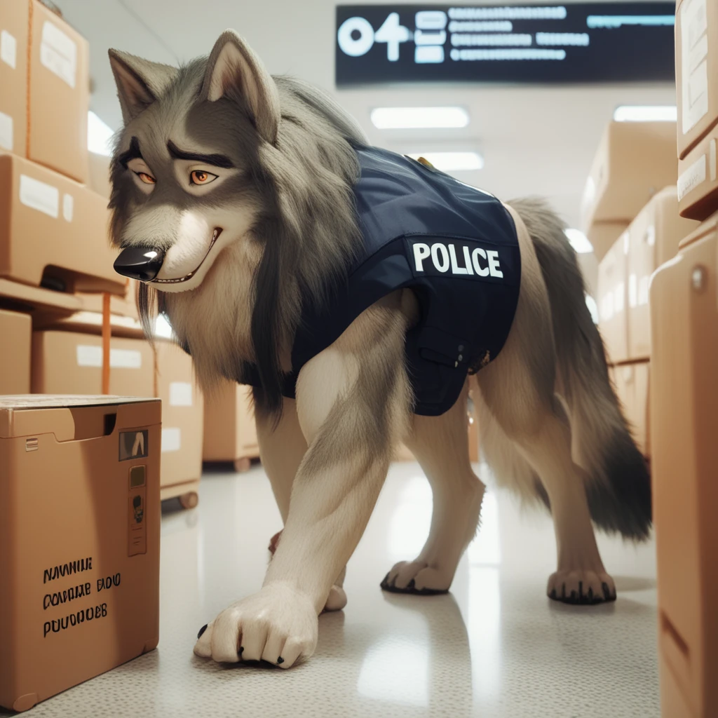  very extra long haired, anthropomorphic, adult, very long haired, furry, wolf, wearing a black police vest, sniffling boxes with it's nose, airport cargo room, walking on all fours, human body