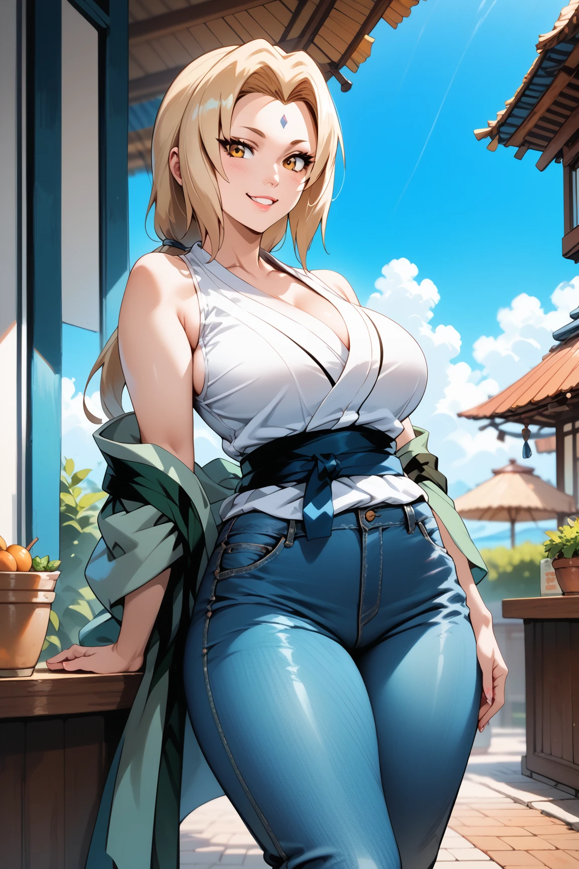 Masterpiece, extremely detailed,4k,solo,1girl,fullbody,stand up,tsunade,large breasts,long sexy legs,looking at viewers,((blue slimfit jeans)),sash ,sleeveless,smile,yellow twin tails hair