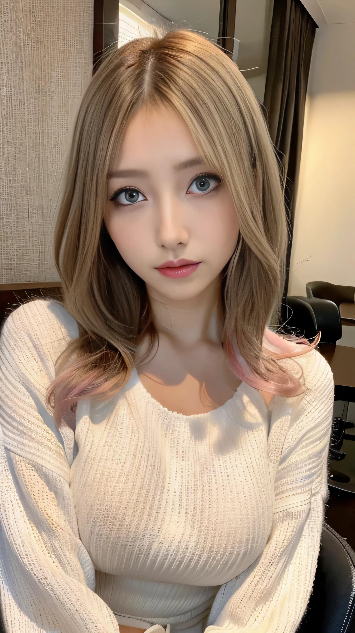 ( table top in front of you:1.3), high definition , ultra detail, Highly Detailed CG Unity 8K Wallpaper , realistic , Photographically, RAW photo, beautiful detailed face, 青 white skin, realistic glowing skin, detailed cloth texture, Hair texture details, perfect body, beautiful face, Accurate, Anatomically Correct, High Definition Face and Skin Textures, natural neck length with a cross-shaped iris, ( beautiful hands), ( white skin:1.2), Thin legs, Thin legs, break,erect nipple:1,2,hard nipple:1.2,big nipple:1.2, Layered Bob Hairstyle, ( blonde alone、Pink inside), forest setting , Glowing purple eyes, Masterpiece , best quality ,( realistic : 1.4),超 high definition , Unity 8K, (delicate beautiful eyes:1.6),Symmetric, highly detailed face , Complete, ( Perfect Hand, perfect anatomy over a white blouse ), (Night hotel room background:1.3), (( maxi knit dress and fur coat 1.3)), ( on the body Be careful:1.3), ( Big Breasts , toned stomach ), ( wearing a tight white long sleeve sweater like tights)