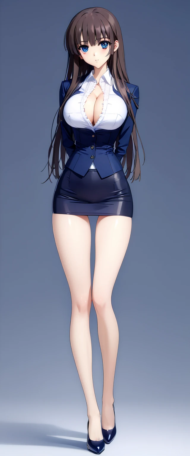 Megumi Kato,  1 girl , Alone, bangs,  brown hair, (((Female lawyer, ( formal suit micro mini skirt that shows only a little bit of crotch,  High Waist Micro Mini Pencil Skirt ),  white shirt,   Navy Blue Jacket,Big Breasts、 cleavage、Thin legs)))、 perfect body,  Anime Virtual YouTuber Full Body Model , ((Full body of a single character,  standing in a splendid posture , short!,  full body shot超詳細))、 skinny, Alone, 1 female,   Masterpiece ,   best quality ,   best quality , 16k,  Incredibly Ridiculous,  high definition, 2.5D, AI-generated, Delicate and dynamic,  Very delicate facial expression,  delicate eye depiction,  Erotic , only  sexy woman, ((A cute and kind face)),((((Beautifully detailed eyes、 beautiful detailed eyes from outside the train))))、 Healthy body shape, ((25-year-old woman)), Height: 170cm,  Moderately Firm Swaying Bust , sexy, (( Thin Thighs )),,  shiny, 視聴者にfrontを向いている, smile, ((Oily_skin)), (((( full body shot、 straight hair)))),  Erotic  pose,  fashion model posing with faded gray hair,   fashion model style DJ, (((micro mini length pencilskirt、front、You can fully see your thighs 、Very thin thighs、Long beautiful legs、痩せていてBig Breasts、 navy blue flawless micro mini pencil skirt)))、whole body、entire body、full body、total body、((((CowboysHot、downwards、from front、Simple Background))))、(The white lace panties are slightly visible from under the skirt、 cross your arms、 Erotic ポーズ)