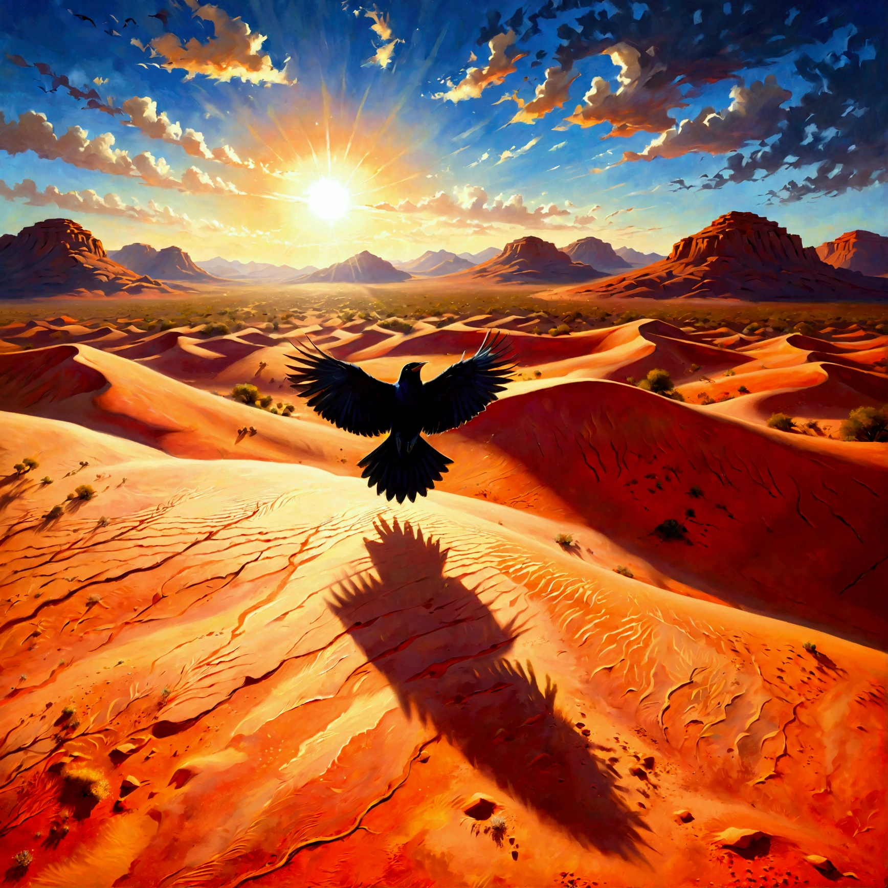 {Bird shadow illustration}, 鳥な形した影, 鳥と同じ形の影, Simple Ground, detailed bird shadow, a bird's-eye view, oil-painting style scene of a black bird soaring over a desert, its form aligned perfectly with the glowing sun in the sky. The bird’s shadow is cast sharply and dynamically onto the vibrant desert below, creating a striking visual contrast. The desert stretches far into the horizon, textured with soft brushstrokes that add depth and movement. The sun radiates warm hues of gold and orange, bathing the entire scene in a dramatic light that highlights the dynamic interplay of the bird, its shadow, and the landscape. The overall atmosphere is serene and awe-inspiring, filled with natural beauty and energy, (oil painting style, black bird, desert, sharp shadow, dynamic contrast, glowing sun, golden hues, vibrant desert, dramatic light, soft brushstrokes, serene, awe-inspiring, natural beauty, horizon, textured, warm tones), shadow atmosphere