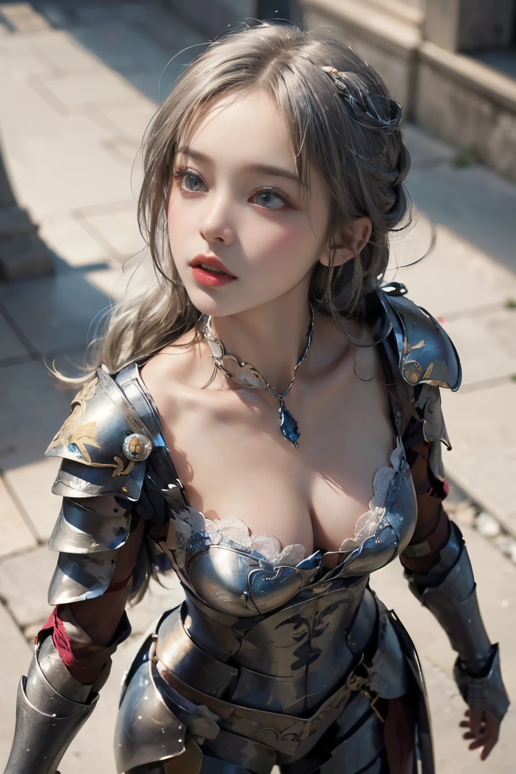 (( photoshoot)),(( highest resolution)),(( best quality,8k)), ((masterpiece)), ( Details), Photographically, High Definition , girl, Detailsな美しい顔,(Beautiful contrasting eyes),(( perfect anatomy over a white blouse)),ennui, closes her mouth, medium silver hair ,Loosely Braided Hair ,bangs, ribbon hair ornament showing hands,,(( richly decorated armor :1.5)),clavicle, waist,Thighs,Lace Cape,((( camera looking up from below)))( shot from the front:1.6),Model-like posing with movement,