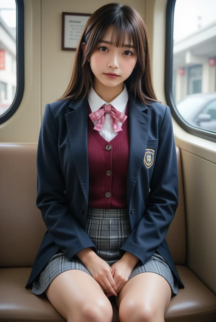 Picture of a high school girl on a train ,  realistic , 美しい女性face,    staring straight at the camera   :1.3,　 sitting on a train seat :1.5,  my whole body is showing : 1 Perfect Anatomy  :1.21,   has a small head :1.21, Thin lips:1.5, Close your lips, Portrait of a Japanese woman :1.21,  The city's famous high school uniform   , blazer uniform,   blazer, 紺色 blazer,   white shirt :1.21,　 pink plaid ribbon :1.21, burgundy cardigan:1.5,　grey and white plaid pleated skirt  :1.21,    dark blue high socks :1.2,    long black hair :1.3 ,   straight hair:1.21,  Long Hair:1.21,      logo of a 22-year-old    :1.21,  is short:1,     beautiful Japanese woman  &#39;face:1.21,   symmetrical eyes next to woman ,   with bright eyebrows on rails  :1.37,   Details faces  ,   white skin:1.21,   fine skin,  skin growth  :1.21   , Silky Screen,　White lace pants are visible from between legs:1.5  