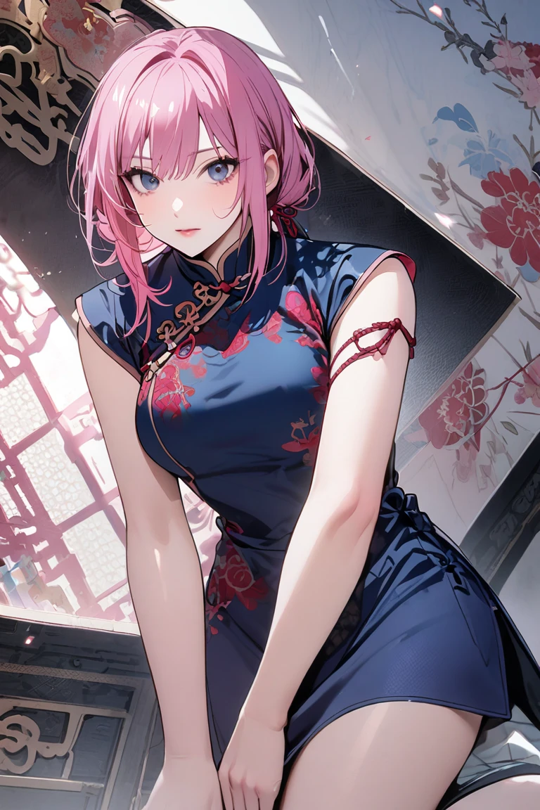 Highest quality, masterpiece, High resolution,A woman wearing a slit Chinese dress,Pink hair and blue eyes,Background is white