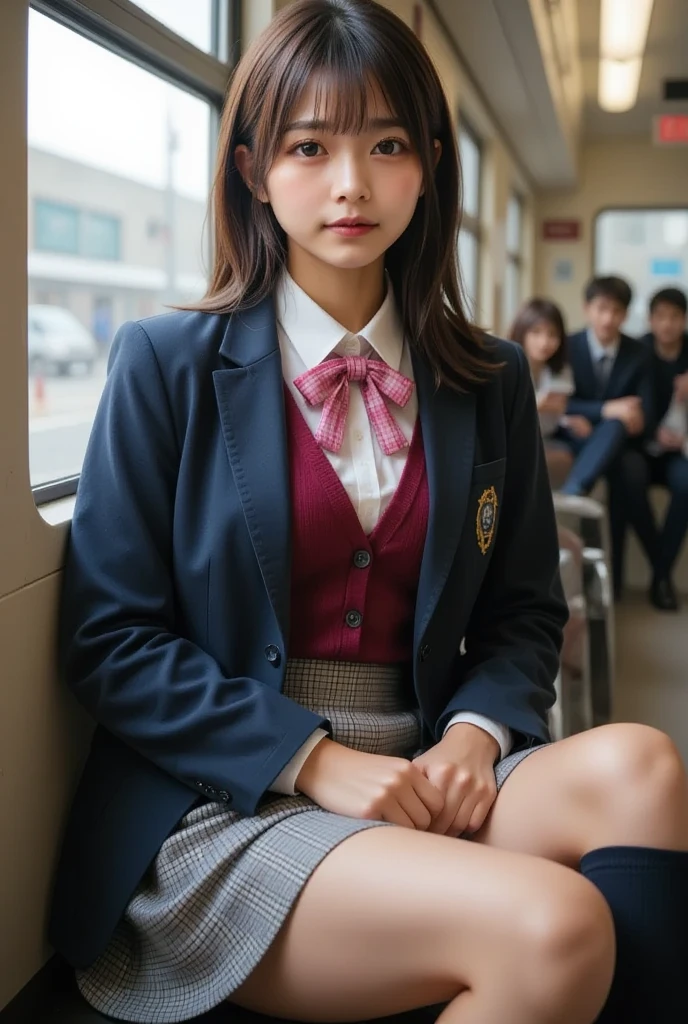 Picture of a high school girl on a train ,  realistic , 美しい女性face,    staring straight at the camera   :1.3,　 sitting on a train seat :1.5,  my whole body is showing : 1 Perfect Anatomy  :1.21,   has a small head :1.21, Thin lips:1.5, Close your lips, Portrait of a Japanese woman :1.21,  The city's famous high school uniform   , blazer uniform,   blazer, 紺色 blazer,   white shirt :1.21,　 pink plaid ribbon :1.21, burgundy cardigan:1.5,　 gray and white plaid pleated skirt   :1.21,　 pleated skirt with folds :1.3 dark blue high socks :1.2,    long black hair :1.3 ,   straight hair:1.21,  Long Hair:1.21,      logo of a 22-year-old    :1.21,  is short:1,     beautiful Japanese woman  &#39;face:1.21,   symmetrical eyes next to woman ,   with bright eyebrows on rails  :1.37,   Details faces  ,   white skin:1.21,   fine skin,  skin growth  :1.21   , Silky Screen,　 white pants made of lace fabric can be seen from between the legs you are sitting:1.6