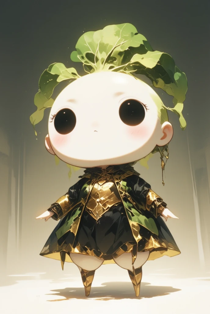 (gold style)Chibi character、 a chubby anime character 、 a chubby, round-faced white turnip radish 、 with a green leaf-like topknot 、Black circle eyes、 a flat nose with only a horizontal line drawn on it 、 wearing a black and gold elegnat dress like a queen with the gothic twist .  