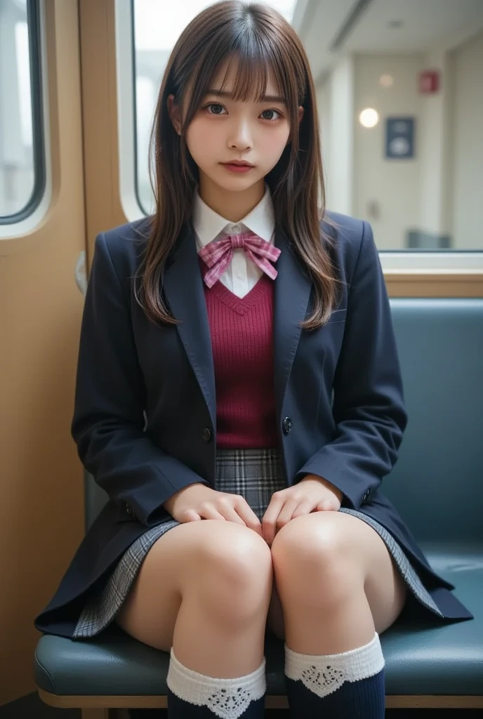 Picture of a high school girl on a train ,  realistic , 美しい女性face,    staring straight at the camera   :1.3,　 sitting on a train seat :1.5,  my whole body is showing : 1 Perfect Anatomy  :1.21,   has a small head :1.21, Thin lips:1.5, Close your lips, Portrait of a Japanese woman :1.21,  The city's famous high school uniform   , blazer uniform,   blazer, 紺色 blazer,   white shirt :1.21,　 pink plaid ribbon :1.21, burgundy cardigan:1.5,　 gray and white plaid pleated skirt   :1.21,　 pleated skirt with folds :1.3 dark blue high socks :1.2,    long black hair :1.3 ,   straight hair:1.21,  Long Hair:1.21,      logo of a 22-year-old    :1.21,  is short:1,     beautiful Japanese woman  &#39;face:1.21,   symmetrical eyes next to woman ,   with bright eyebrows on rails  :1.37,   Details faces  ,   white skin:1.21,   fine skin,  skin growth  :1.21   , Silky Screen,　 white pants made of lace fabric can be seen from between the legs you are sitting:1.6