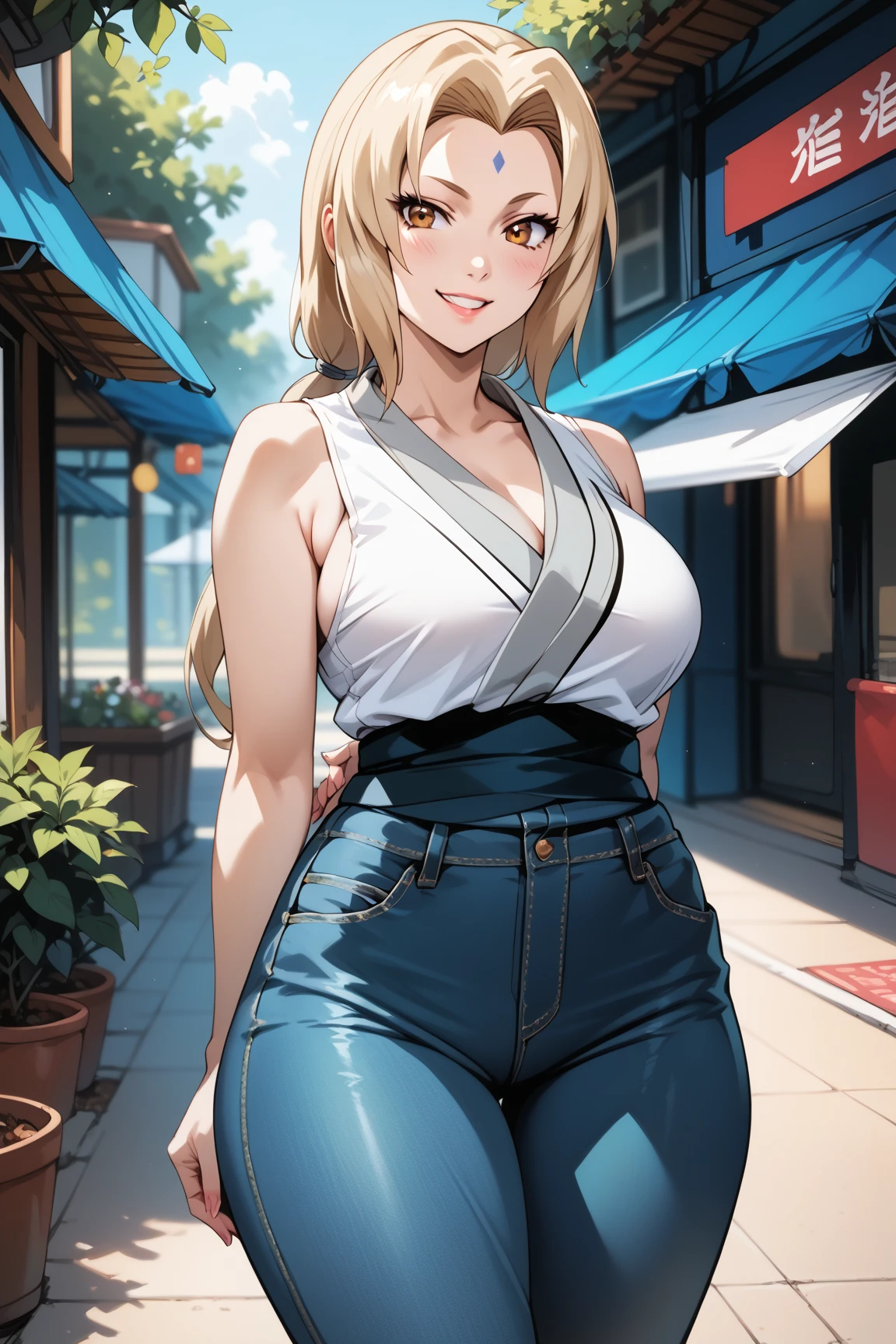 Masterpiece, extremely detailed,4k,solo,1girl,fullbody,stand up,tsunade,large breasts,long sexy legs,arms behind back,looking at viewers,((blue slimfit jeans)),sash ,sleeveless,smile,yellow twin tails hair,front looks,cowboy shot