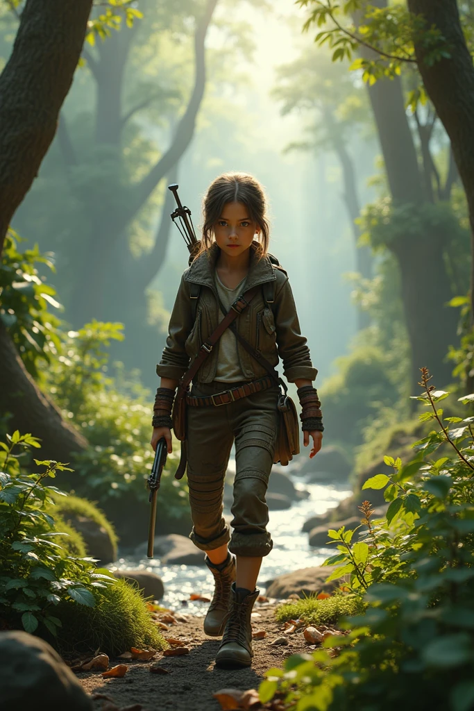 A girl wearing dirty torn clothes in the middle of a forest