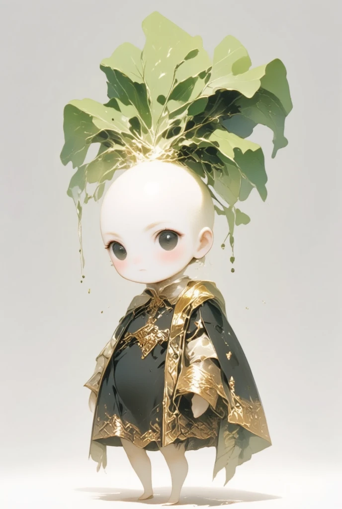 (gold style)Chibi character、 a chubby anime character 、 a chubby, round-faced white turnip radish 、 with a green leaf-like topknot 、Black circle eyes、 a flat nose with only a horizontal line drawn on it 、 wearing a black and gold elegnat dress like a queen with the gothic twist .  