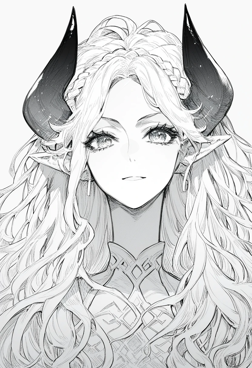 score_9, score_8_up, score_7_up, 1girl, solo, 1 girl, long white hair, Eyes Pretos de Máscara Black, Is horns an elf's ear , manga, monochrome, dekosukentr style
