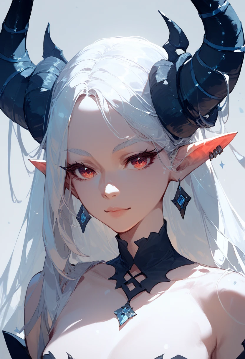 score_9, score_8_up, score_7_up, 1girl, solo,  1 girl, long white hair, Eyes Pretos de Máscara Black, Is horns an elf's ear 