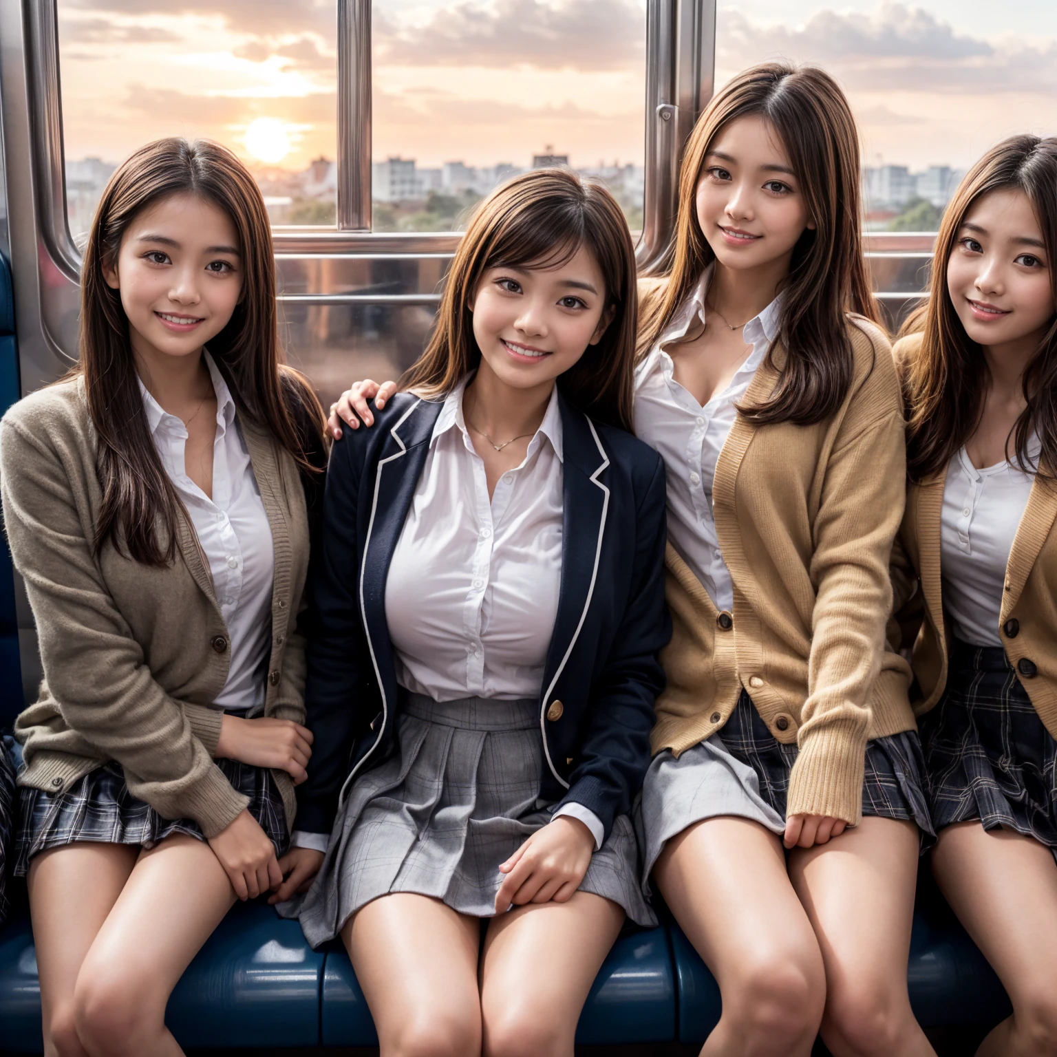 (highest quality, masterpiece:1.5), (Super detailed, Realistic:1.37),(Four Girls:1.5),smile, woman,smile,Japanese,cute,Perfect Face,Perfect hands,Perfect Legs,Perfect Fingers,Office Uniforms,mini skirt,Black Pantyhose,(White panties:1.2),(Upskirt voyeur:1,2),Sitting on a train,seiza,Raise the hand,