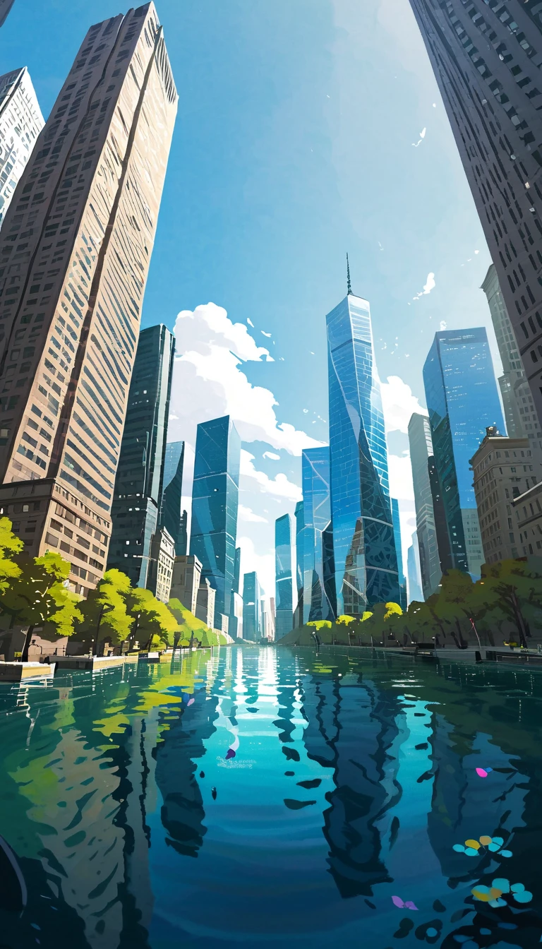 2D Art, Anime Landscape,  Calm Atmosphere ,blue sky,Glass Skyscrapers ,Submersion,Sea Level Rise ,In the water,lake,Aerial photography, high quality illustration, artstrationでtrend入り,  wide angle shot , Flat Paint,  illustration art, ILYA KUVSHINOV STYLE ,  mathematical art Ilya Kubushinov , highly   Details, uhd images, intricate details   Details scene background,   Details, 8k, trend,  Amazing Art ,  score_9,  score_8,  score_7,  Digital Painting Inspired by Will Burnett, Magalli Villaneneu  , Tumbler,   digital art ,  hardcore sex ,   digital art 