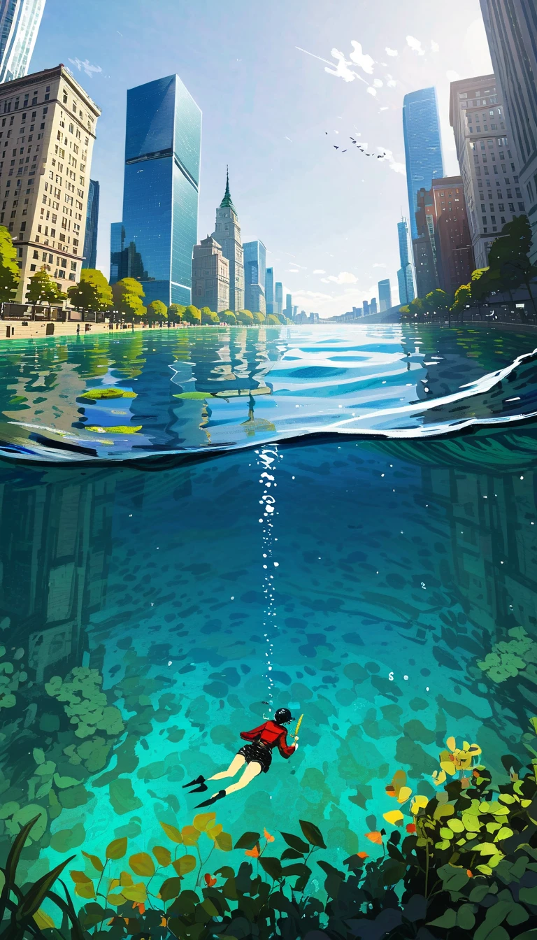 2D Art, Anime Landscape,  Calm Atmosphere ,blue sky,Glass Skyscrapers ,Submersion,Sea Level Rise ,In the water,lake,Aerial photography, high quality illustration, artstrationでtrend入り,  wide angle shot , Flat Paint,  illustration art, ILYA KUVSHINOV STYLE ,  mathematical art Ilya Kubushinov , highly   Details, uhd images, intricate details   Details scene background,   Details, 8k, trend,  Amazing Art ,  score_9,  score_8,  score_7,  Digital Painting Inspired by Will Burnett, Magalli Villaneneu  , Tumbler,   digital art ,  hardcore sex ,   digital art 