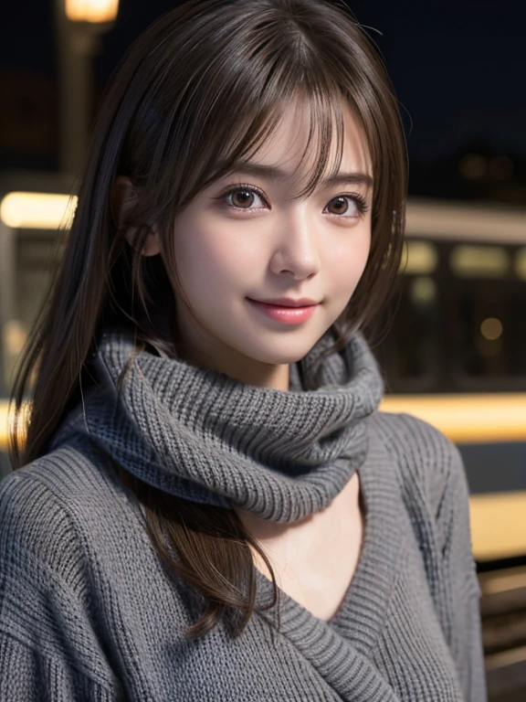 1 Japanese girl,(Beige sweater:1.4),(He has a big brown scarf around his neck.:1.2), (RAW Photos, highest quality), (Realistic, Photorealistic:1.4), Tabletop, Very delicate and beautiful, Very detailed, 8k wallpaper, wonderful, In detail, Very detailedなCG Unity, High resolution, Soft Light, Beautifully detailed 19 year old girl, Very detailedな目と顔, Beautifully detailed nose, Beautiful fine details,Cinema Lighting,City lights at night,Perfect Anatomy,Slender body,smile  (My hair is messy, Asymmetrical bangs, Black Hair,)