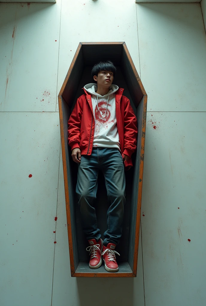 a handsome 19 year old korean boy, wearing bloody white shirt, short pants and soccer socks, a stab wound on his right stomach, painful expression, cold sweat, fainting, chased by someone, heavily bleeding wound, holding wound with hand, bloody hand, tip blood on floor, (best quality,4k,8k,highres,masterpiece:1.2),ultra-detailed,(realistic,photorealistic,photo-realistic:1.37),dramatic lighting,cinematic,hyper-realistic,intricate details,vivid colors,award winning photography,chiaroscuro,dramatic shadows