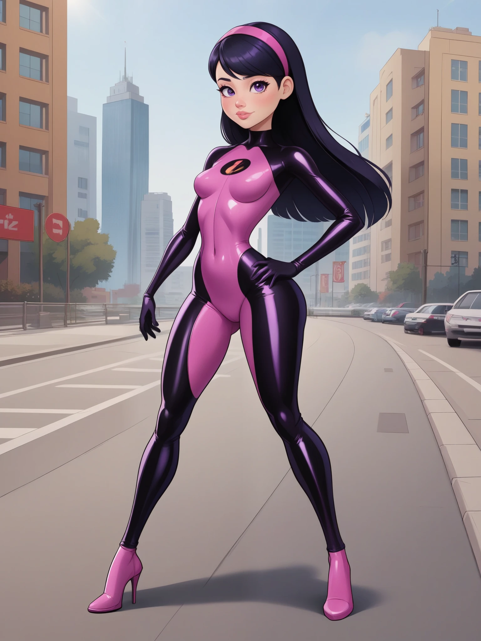 Violet Parr. slim build. small waist. long legs. round head. fair skin. pink lips. Rosy cheeks. long straight black hair with purple streaks. purple eyes. small saggy breasts. huge hips. latex suit. city. fair