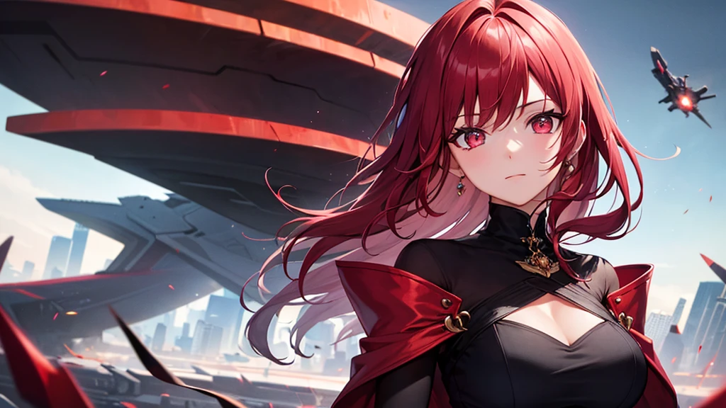 1girl, (18 years old), long hair, pink hair, hime cut, long sleeves, red shirt, pectoral fin cleavage, male focus, black pants, red eyes, ring, cute, spin of fire, aura, magic, sparkle, outdoor magic star, highlights, cloud sky, (wide image: 1.2) , Blood Sword