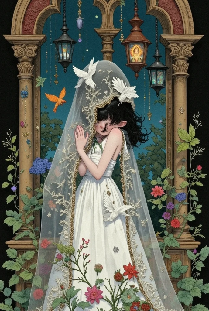 bride，   The style is inspired by Chiho Qingdao，  white bikini，  white bride scarf  ， decorated with white flowers on the head   ， short Hair， Sapphire eyes ，Pale face， sad expression  ，Lower your head，pray，Beautiful hands，gothic style， gouache illustration ，Background Church，masterpiece，HD