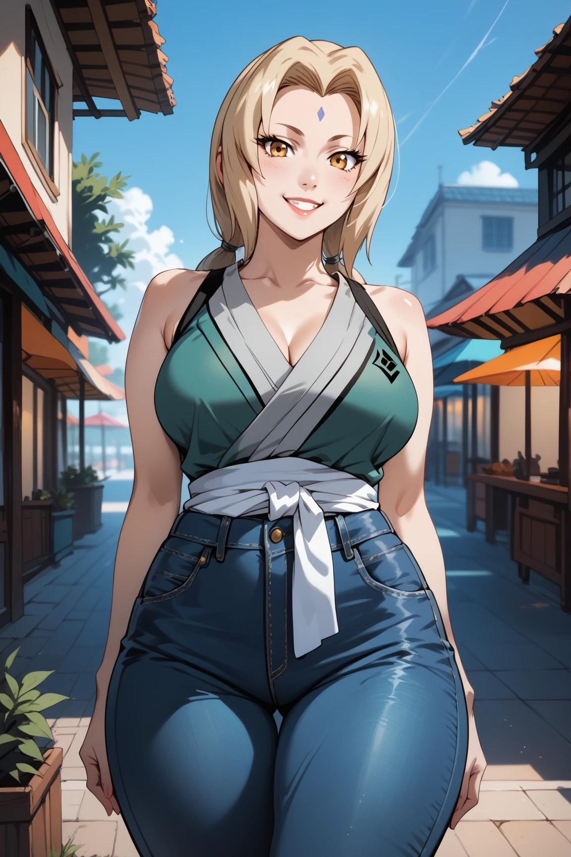 Masterpiece, extremely detailed,4k,solo,1girl,fullbody,stand up,tsunade,large breasts,long sexy legs,arms behind back,looking at viewers,((blue slimfit jeans)),white slimfit tshirt,sash ,sleeveless,smile,yellow twin tails hair,front looks,cowboy shot